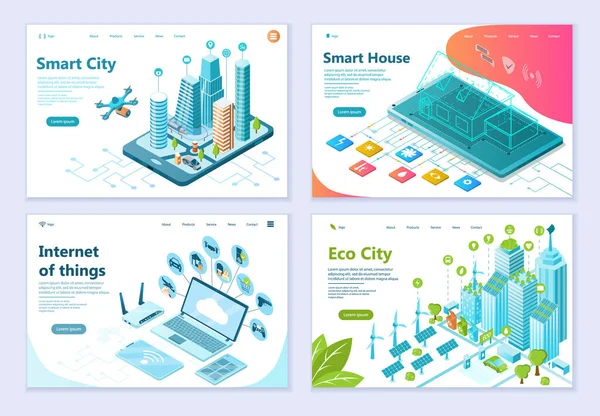 Набор Концепций Smart Eco City Изометрическая Векторная Иллюстрация Графического Веб — стоковый вектор