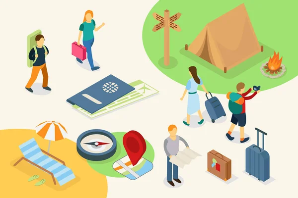 Trip Travel Concept Isometric Design Vector Illustration Graphic Web Design —  Vetores de Stock