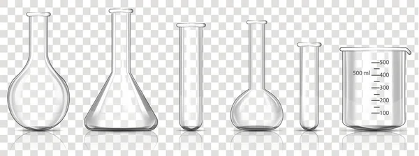 Set Transparenter Laborgläser Realistische Vektorillustration Nahaufnahme — Stockvektor