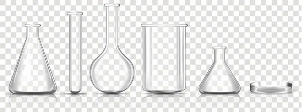 Set Transparent Laboratory Glassware Equipment Realistic Vector Illustration Close — Vector de stock