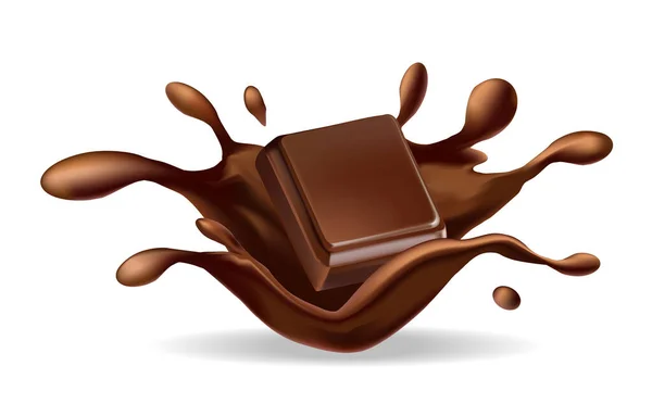 Chocolate Bar Con Splash Sobre Fondo Blanco Ilustración Vectorial Realista — Archivo Imágenes Vectoriales