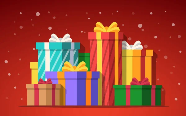 Hromada Dárků Krabice Izolované Červeném Pozadí Vánoční Dárková Krabice Vánoční — Stockový vektor