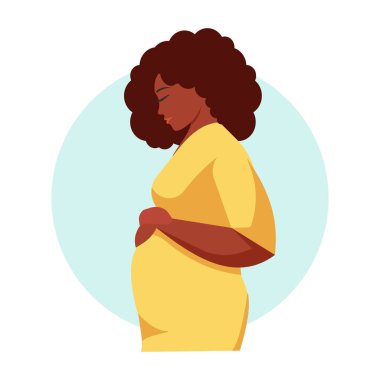Mutlu hamile zenci kadın karnını tutuyor. Hamile bir kadının yan görünüşü. Hamile annelik kavramı. Vektör deposu