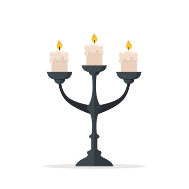 Beyaz arka planda izole edilmiş bir şamdanda mum. Klasik mum tutacağı. Geleneksel şamdan tutacağı dekorasyonu. Vektör deposu