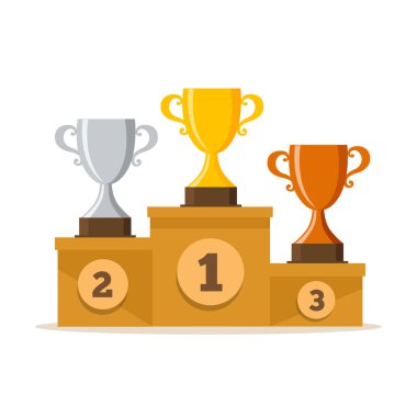 Altın, Gümüş ve Bronz kupa ödül kürsüsünde. Beyaz arka planda izole edilenler için podyum. Birincilik ödülü. Vektör deposu