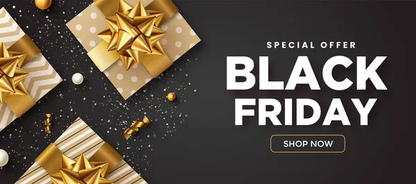 Black Friday Banner Mit Geschenkboxen Auf Dunkelschwarzem Hintergrund Horizontales Banner — Stockfoto