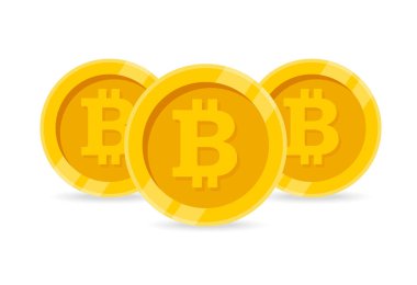 Beyaz zemin üzerinde bitcoin sembolü olan üç altın sikke. Ticaret ve fiyat kavramı. Bitcoin para kripto para simgesi. Vektör deposu