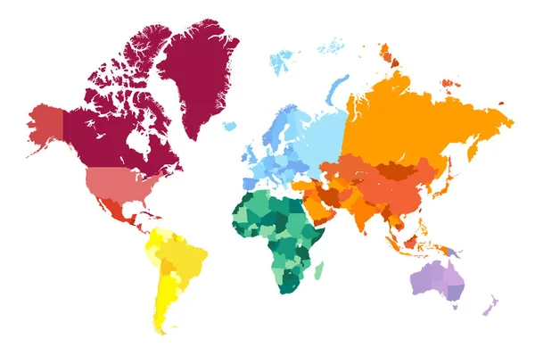 Bunte Weltkarte Weltkarte Aufgeteilt Sechs Kontinente Isoliert Auf Weißem Hintergrund — Stockvektor