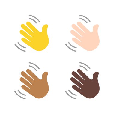 El sallama beyaz arka planda izole. Farklı ten renginde el sallayan emoji. Merhaba ya da merhaba jesti. Vektör deposu