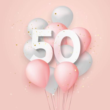 Mutlu 50. yaş günü balonları tebrik kartı geçmişi. 50. Yıl dönümü. 50. Kutlama konfetiyle yapılıyor. Vektör deposu