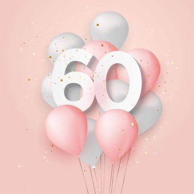 Mutlu 60. yaş günü balonları tebrik kartı geçmişi. 60 'ıncı yıl dönümü. 60. doğum gününü konfetiyle kutluyoruz. Vektör deposu