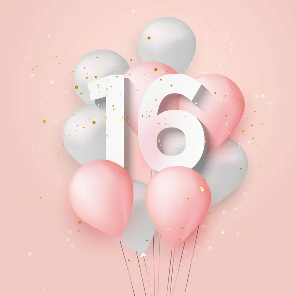 16岁生日快乐气球贺卡背景 16周年纪念日 第16届庆祝与Confetti 矢量存量 — 图库矢量图片