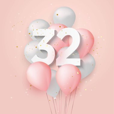 Mutlu 32. yaş günü balonları tebrik kartı geçmişi. 32. Yıl dönümü. 32nci kutlama konfetiyle. Vektör deposu