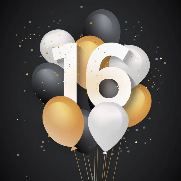 16岁生日快乐气球贺卡背景 16周年纪念日 第16届庆祝与Confetti 矢量存量 — 图库矢量图片