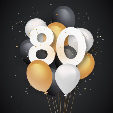 Mutlu 80. yaş günü balonları tebrik kartı geçmişi. Seksen yıl dönümü. 80. doğum gününü konfetiyle kutluyoruz. Vektör deposu