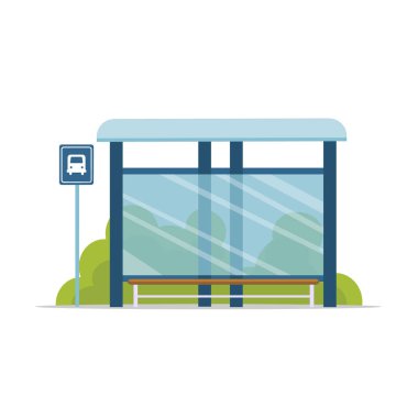 Otobüs durağı beyaz arka planda izole edilmiş. Kamu otobüs durağı. Şehir ve uluslararası seyahat ulaşımı. Ulaşım konsepti. Vektör deposu