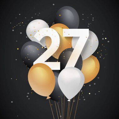 Mutlu 27. yaş günü balonları tebrik kartı geçmişi. 27. yıldönümü. Konfetiyle kutlanan 27. parti. Vektör deposu