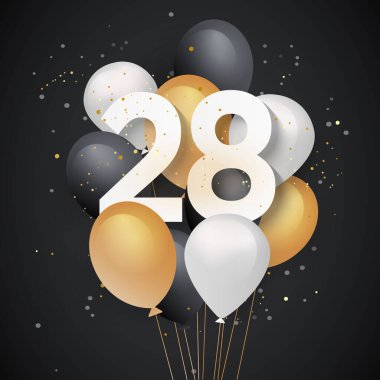 Mutlu 28. yaş günü balonları tebrik kartı geçmişi. 28. Yıl dönümü. 28 'inde konfetiyle kutlama. Vektör deposu