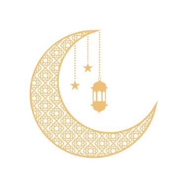 Ramazan Kareem dekoratif ay, yıldızlar ve fener beyaz arka planda izole. Zarif altın ramazan kareem tasarımı. Vektör deposu