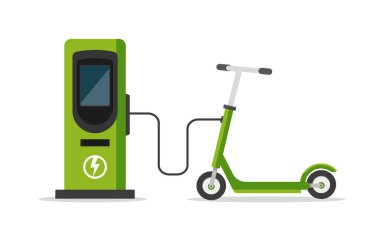 Beyaz arka planda elektrikli scooter ve pil şarj cihazı var. Kamu scooter şarj istasyonu. Ekolojik şehir ulaşımı. Vektör deposu