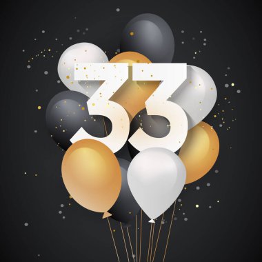 Mutlu 33. yaş günü balonları tebrik kartı geçmişi. 33. Yıl dönümü. Konfetiyle kutlayan 33. kişi. 