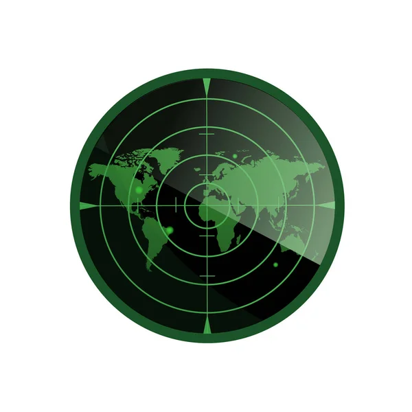 Groene Radar Scherm Met Wereldkaart Radar Geïsoleerd Witte Achtergrond Militair — Stockvector