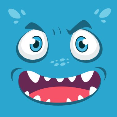 Mavi canavar avatarı. Çizgi film canavarı suratı. Canavar kare kafa. Vektör deposu