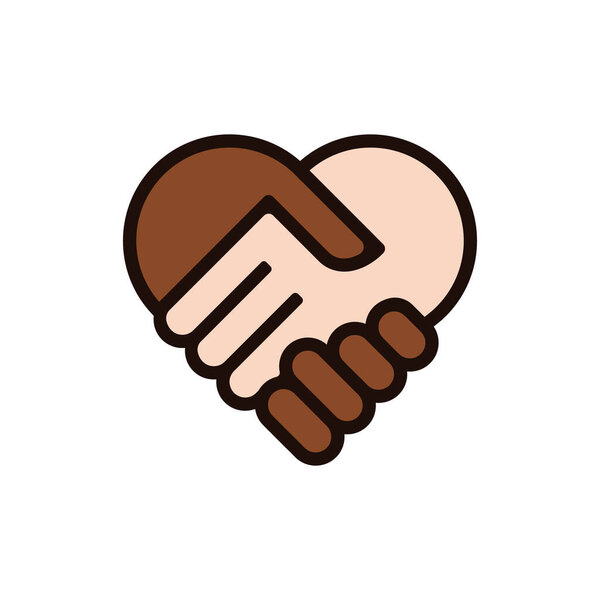 Shake hand in heart shape. Black and white human hands together. No to racism concept. Vector stock