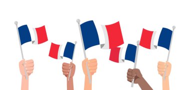 Beyaz arka planda izole edilmiş Fransa bayrağı olan eller. Vektör deposu