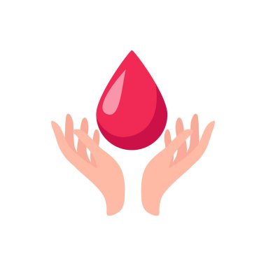 Kan damlalarını tutan eller beyaz arka planda izole edilmiş. Kan bağışı, bağış konsepti. Vektör hisseleri.