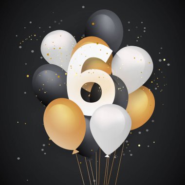Mutlu 6. yaş günü balonları tebrik kartı geçmişi. 6. yıl dönümü. 6. kutlamada konfeti var. Vektör deposu