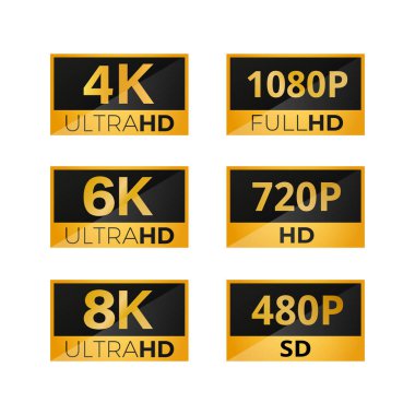 SD, HD, FHD, 4K, 6K, 8K video boyutları kümesi. Beyaz arkaplanda izole edilmiş görüntü çözünürlüğü seti. Vektör deposu