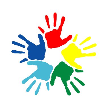 Beyazda izole edilmiş renkli el izleri. Geçmişi. Renkli eller. Demokrasi kavramı. Vektör deposu