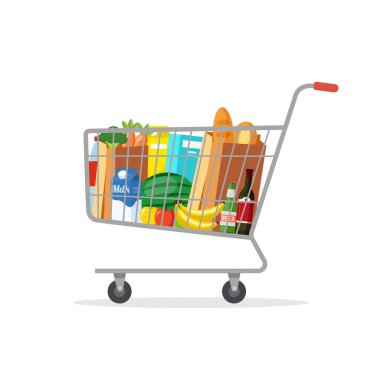 Full shopping cart isolated on white background. Fresh grocery products. Vector stock