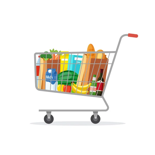 Full Shopping Cart Isolated White Background Fresh Grocery Products Vector — Stok Vektör