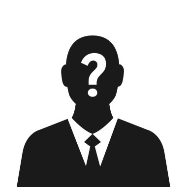 Businessman avatar with question mark sign isolated on white background. Man avatar silhouette. Suspect concept. Mysterious strange man. Anonymous character. Vector stock