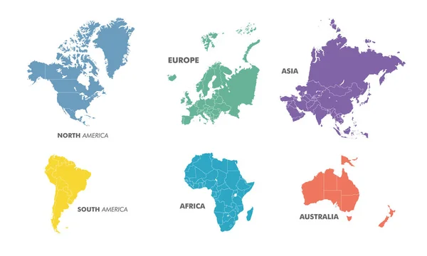 Weltkarte Aufgeteilt Sechs Kontinente Unterschiedlicher Farbe Weltkarte Kontinente Isoliert Auf — Stockvektor