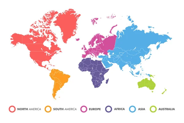 世界地図は異なる色で6大陸に分かれています 世界地図6大陸は白地に孤立している ベクター株式 — ストックベクタ