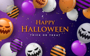 Balonlar ve konfetilerle Mutlu Cadılar Bayramı 'nı kutluyoruz. Parti davetiyesi konsepti. Cadılar Bayramı panayırı posteri. Vektör deposu