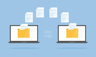 Dizinleri ekranda ve transfer edilmiş belgeleri olan bilgisayarlar. Dosya aktarım konsepti, yedek veri. Vektör deposu