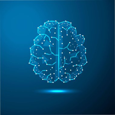 Beyin noktalardan, çizgilerden ve üçgenlerden oluşur. Yapay zeka biçimindeki çokgen şekli. Çizim. Beynin grafiksel kavramı