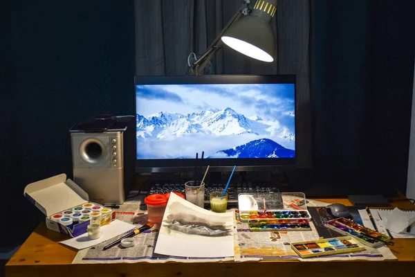Arte Nocturno Pintando Hermoso Paisaje Montaña Con Acuarela —  Fotos de Stock