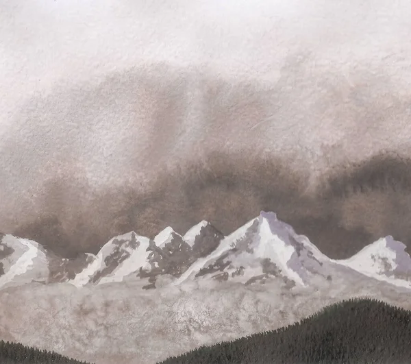 Любительский Акварельный Рисунок Гор Покрытых Снегом Фоне Пасмурного Неба — стоковое фото