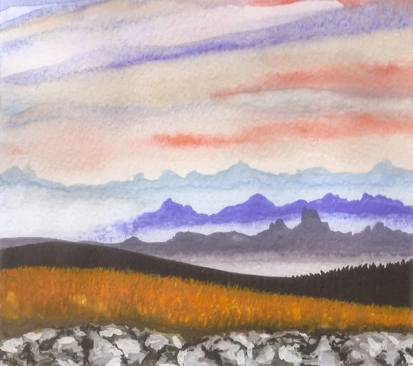 Amatör Suluboya Çizimleri Sis Içindeki Dağlar Tarlalar Akşam Gökyüzüne Karşı — Stok fotoğraf
