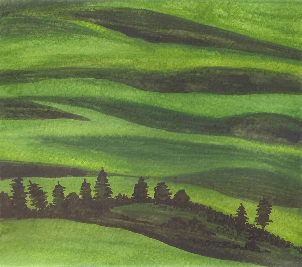 Amatör Suluboya Yeşil Tepeler Ağaçların Güneş Işığı Altında Çizimi — Stok fotoğraf
