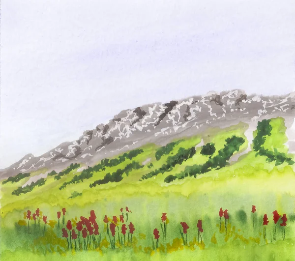 Dağların Amatör Suluboya Çizimleri Mavi Gökyüzüne Karşı Çiçek Açan Tarlalar — Stok fotoğraf