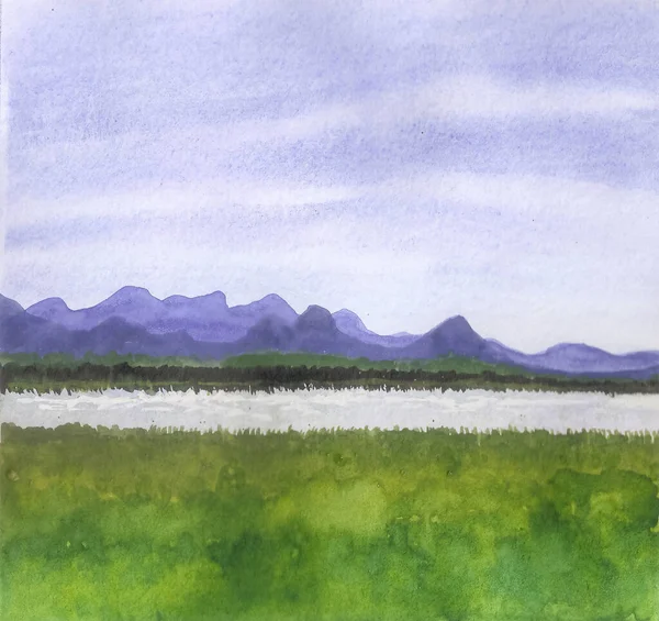 Amatéři Akvarel Kresba Řeky Zeleném Údolí Pozadí Hor Modré Oblohy — Stock fotografie