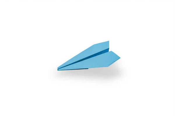 Oldalsó Nézet Egy Repülő Kék Papír Repülőgép Elszigetelt Fehér Alapon — Stock Fotó