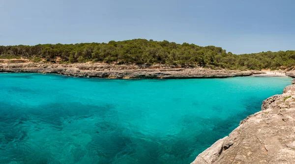 Panoramic Shot Spanish Bay Turquoise Water Surrounded Rocky Rocks Green — Stock Photo, Image