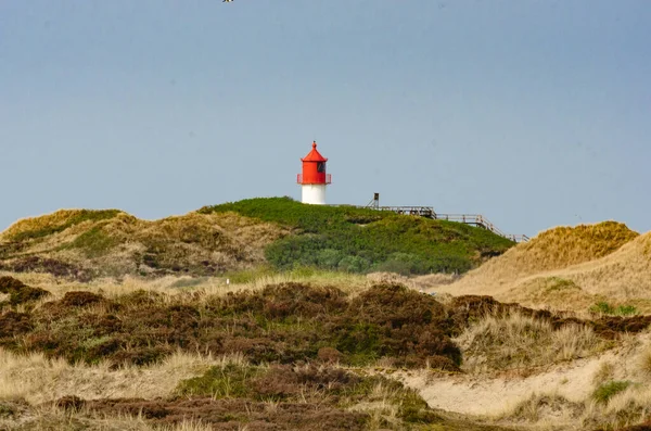 Rood Witte Vuurtoren Het Midden Staat Een Duinlandschap Met Deels — Stockfoto